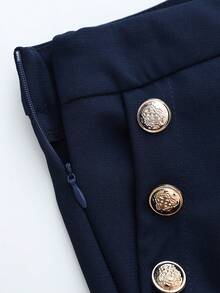 Franclia 女士休闲基础款衬衫（天蓝色）+修身金属纽扣装饰阔腿裤（藏蓝色），两件套通勤装 - 藏蓝色 - 查看 6