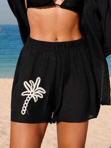 Swim Vcay 春夏新款优雅秋季单件编织纯色椰树图案装饰短裤，度假风女士泳装下装