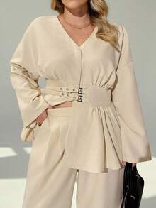 Auralis 束腰双排扣双腰带修身长袖衬衫和直筒裤套装 / 大码女士通勤度假柔杏色长袖衬衫套装 / 优雅通勤职场办公室性感套装 / 美人鱼风格套装 - 杏色 - 查看 2