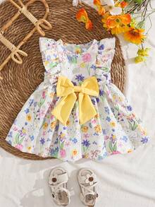 SHEIN Baby Girl Infant Toddler 0-3 Years Old Casual Elegant Vacation Cute Animal & Plant Print Flare Sleeve Loose A-Line Dress, Suitable For Party, Daily Wear Or Vacation - Multicolor - View 7