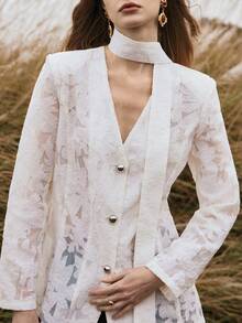 Florisole Áo khoác blazer nữ thêu ren phong cách Bohemian thường ngày có cà vạt đính cườm, phù hợp cho mùa xuân, hè, thu - Màu be - Xem 11