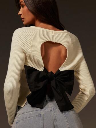 Athîral Dammode Casual Ribbad Rosett Stickad Tröja