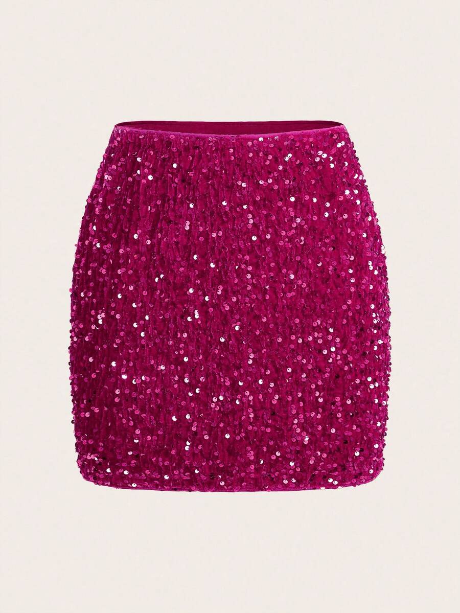 SHEIN Clasi Fashionable Elegant Party Sequin Bodycon Mini Skirt - Hot Pink - View 1