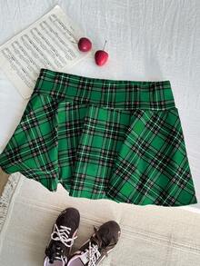 Comfortcana Váy mini dự tiệc kẻ caro xanh cỡ lớn, thường ngày, thu/đông - màu xanh lá - Xem 3