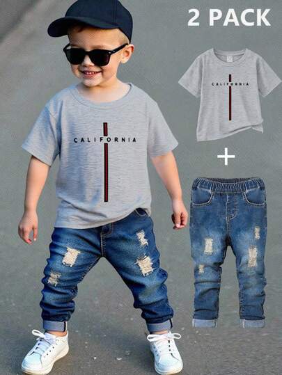 SHEIN Playful Pals 2件套男童休闲简约字母加州图案灰色短袖圆领T恤和牛仔裤套装，春夏款