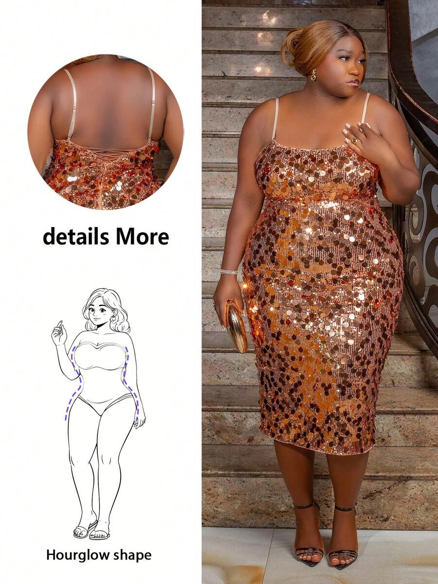 CurvyTilda Plus Size Women's Sexy Backless Sequin Spaghetti Strap Cocktail Party Dress, Elegant Formal Gown Suitable For Nightclub, Party, Holiday Event, School Clothes, Fall Clothes,Autumn,Y2k Clothes,Night Out/ Plus Size Sequin Dress/ Plus Size Gold Sequin Dress/ Curve Sequin Dress/ Plus Size Birthday Dress,Homecoming Dress, For Hourglass Body Shape, For Body Shape, For Summer - Gold - View 1