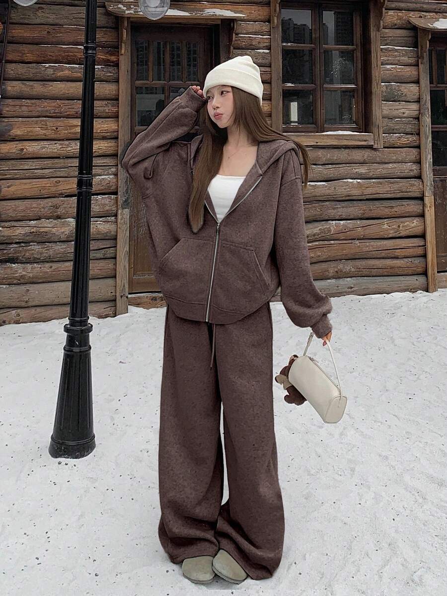 DAZY 2pcs Women's Autumn/Winter Sequin Sweatshirt Set Hoodie Lounge Sets For Women - Coffee Brown - View 1