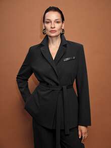 Lumivelle Women's Solid Color Lapel Slim Belt Blazer + Slant Pocket Straight Leg Pants Suit Set - Grey - View 7