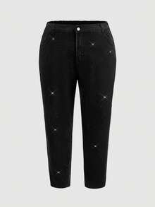 SHEIN CURVE+ Jeans für Damen in Große Größen, vielseitig einsetzbar mit Knopftaschen und Skinny Fit, Jeans in Große Größen mit schwarzen Strass-Steinen, schwarze Strass-Jeans in Große Größen mit Tapered Fit für Damen, Jeans mit funkelnder elastischer Taille, Weihnachtsparty-Jeans für Damen in Große Größen, elegante Strass-Jeans für den Winter, Jeans in Große Größen, elegante Mom-Jeans, Partyjeans, lässige Arbeitsjeans, Hosen für Herbst/Winter, glänzend verzierte Jeans - Schwarz - Übersicht 6