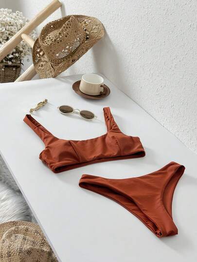 Swim Vcay 2026 Spring/Summer Sexy High Waist Triangle Bikini Bottom, Versatile Side Cutout Design, Multiple Colors Available, Essential For Beach Vacation Vacation Bikini Set High Cut Bikini Set Brown Bikini Set Rust Bikini Solid Color Bikini Set