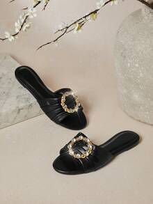 SHUZIA Women's Minimalist Elegant Rhinestone Decor Flat Sandals Valentine's Day - Black - View 6