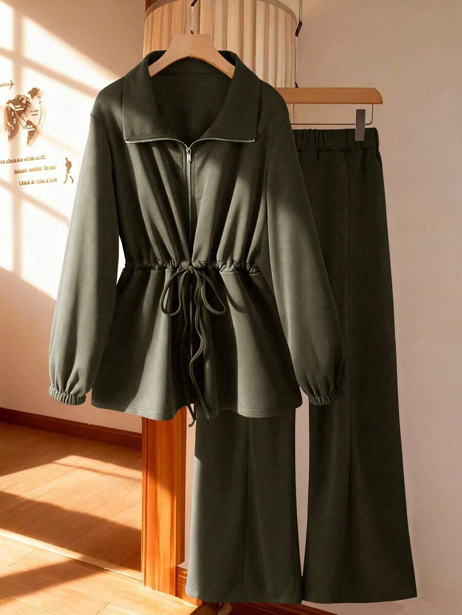 GlowEve Women's Basic High Neck Cinched Waist Zip-Up Two Pieces Set - Army Green - View 1