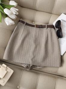 Franclia Petite Franclia休闲通勤时尚百搭高腰棕色腰带柔软条纹梭织面料卡其色短裤、半身裙、短裙，适合春秋季穿着。 - 卡其色 - 查看 6
