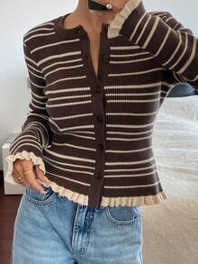 Livesso Women's Casual Striped Frill Trim Cardigan, Autumn/Winter - Brown - View 4