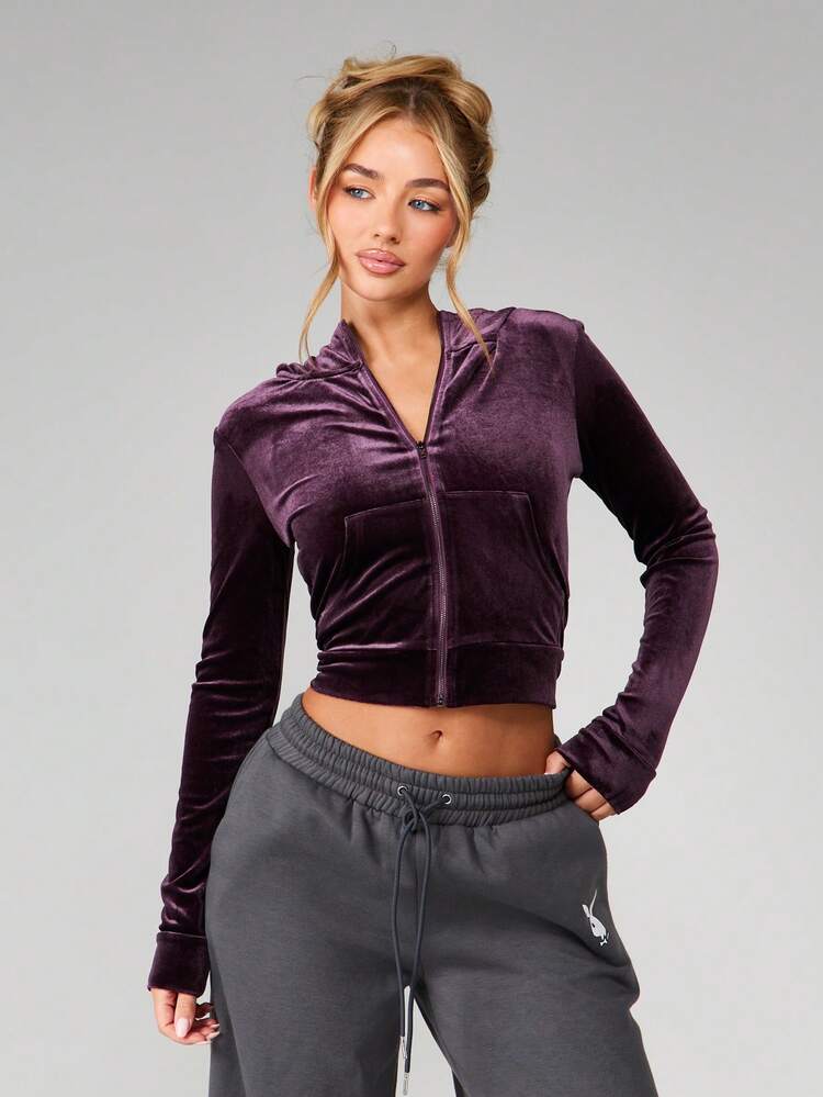 MISSGUIDED Sweat-shirt à capuche zippé en velours de luxe avec cordon de serrage et poche centrale pour le confort et le style casual en hiver