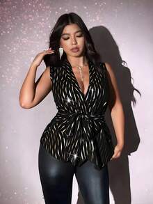 Viva Relle Women's Plus Size Elegant Shiny Hot Stamping V-Neck Sleeveless Blouse,Black And Gold,Summer,70's,Night Out Club,Party,Christmas,Valentine's Day Top - Multicolor - View 4