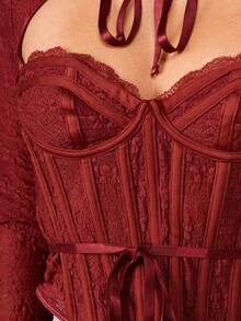 MISSGUIDED Long Sleeve Burgundy Lace Corset Top With Tie Neck Detail And Sweetheart Bustier Design For Fall Winter Elegant Occasions - Rust Brown - View 4