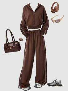 SHEIN ChillGRL Teen Girl Casual Contrast Trim Hooded Jacket And Wide Leg Pants Set, Autumn