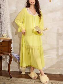 Côtesoire ثوب نوم نسائي فضفاض مزين بالدانتيل الفرنسي الأنيق والفيونكة، بأكمام واسعة وذيل مكشكش، مناسب لعيد الحب - أصفر - مشاهدة 3