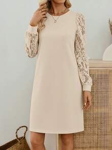 EMERY ROSE 女士圆领撞色蕾丝宽松休闲长袖连衣裙 - 杏色 - 查看 7