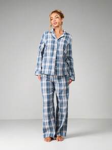 MISSGUIDED Bộ đồ ngủ dài tay cài nút trước bằng vải nỉ kẻ sọc xanh kết hợp quần ống rộng phù hợp khi mặc ở nhà - Màu xanh lam - Xem 4