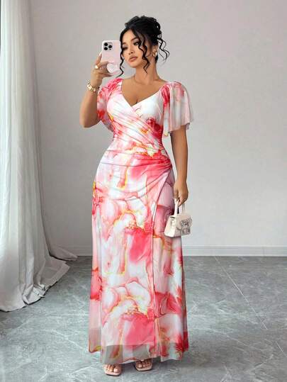 Elenzga Floral Print Random Cut Women's Dress, V-Neck Ruffle Sleeve, Waist Pleated Slit Maxi Dress, Romantic Date Elegant Party Holiday Long Dress