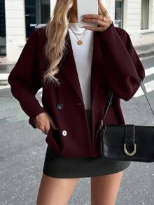 Pariaura 优雅别致的宽松单肩翻领双排扣针织外套，秋冬 - 中紫紅色 - 查看 5