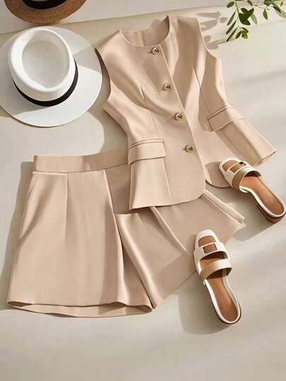 Franclia 女士纯色单排扣背心和褶皱短裤休闲两件套