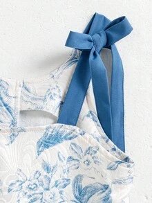 1-Piece Tween Girls Glamorous Vacation Jacquard Knot-Shoulder Cinched-Waist Lightweight Non-Fleece Summer Dress - Blue and White - View 5