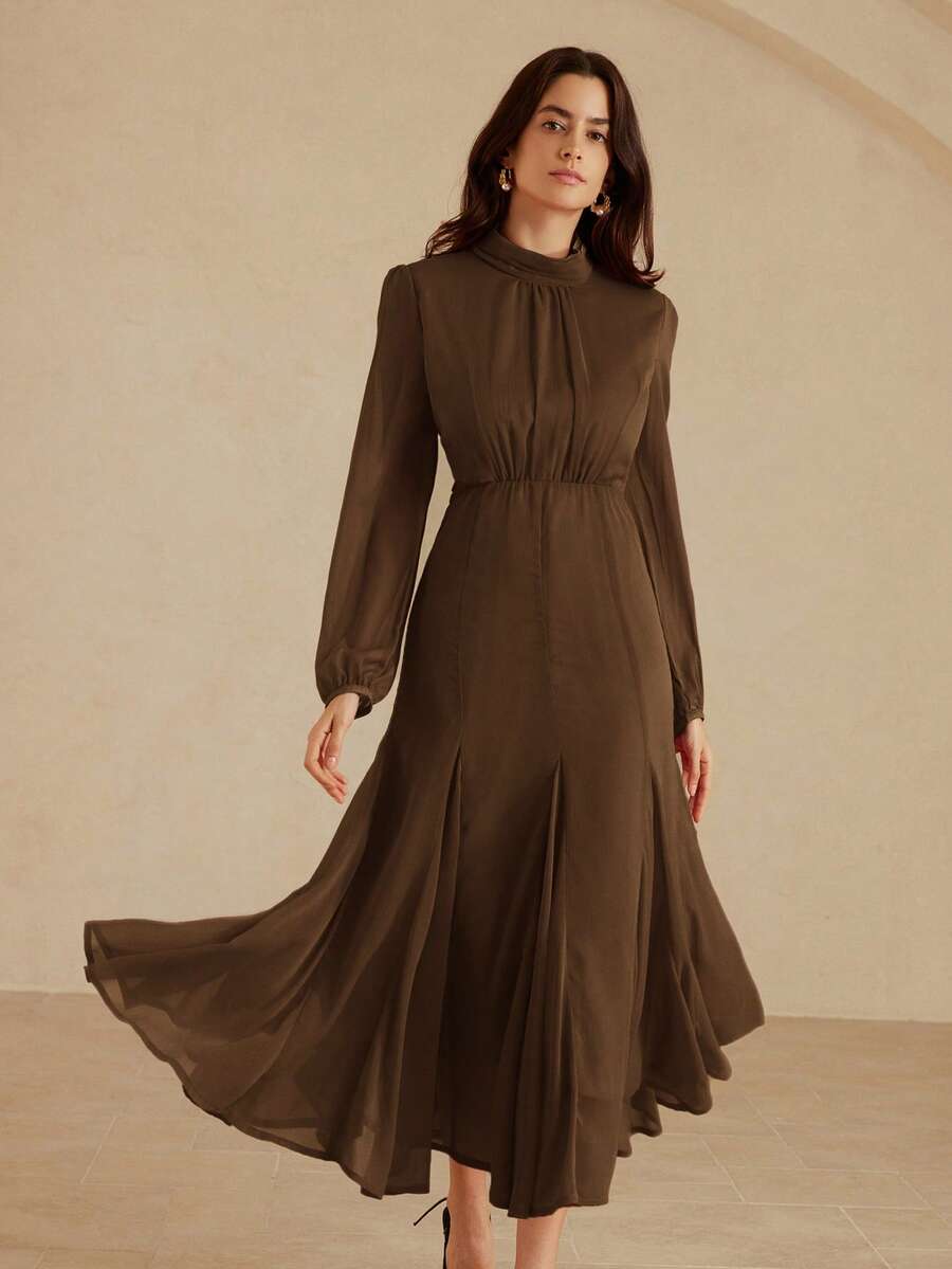 Revavyn Váy Maxi Chiffon Lụa Giả Sang Trọng, Thanh Lịch, Đơn Giản, Phong Cách Cung Điện Retro, Màu Trơn Cổ Điển, Cao Cấp, Thanh Lịch, Chân Váy Xòe Dáng Chữ A Ôm Sát, Cổ Cạp Sau Khóa Kéo Vô Hình, Thiết Kế Tay Phồng Cổ Lọ, Lớp Lót Thoải Mái, Thích Hợp Mặc Hàng Ngày, Hẹn Hò, Tiệc Tùng, Kỳ Nghỉ - Cà phê - Xem 1