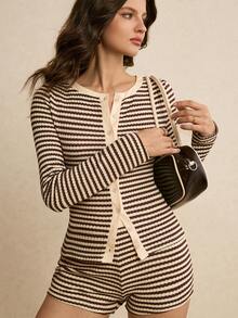 Poéselle 女士条纹长袖上衣和短裤两件套 - 棕色 - 查看 4