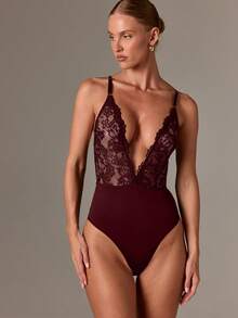 AiiRZ Body de encaje con escote profundo y patrón floral con tirantes ajustables para ocasiones de noche - Burdeos - Ver 5