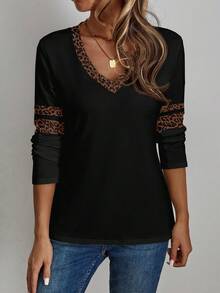 EMERY ROSE Women's V-Neck Leopard Print Patchwork Casual Long Sleeve T-Shirt, Autumn/Spring,Black Top Spring,Casual - Black - View 6