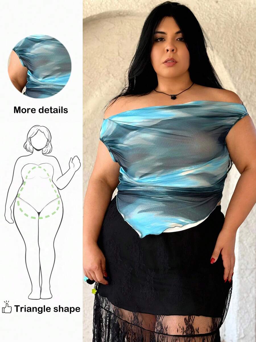 Truni Elyhuante_03 Plus Size Women Asymmetrical Hem Sleeveless Tie-Dye Print Romantic Slim Fit Blouse, For Pear Triangle Body Shape, For Body Shape, For Summer - Multicolor - View 1