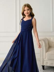Elegant Navy Blue Summer Flower Girl Dress,Traditional Wedding Princess Ball Gown,Sleeveless Chiffon Tulle Graduation Dress For Tween Girl,Formal - Navy Blue - View 6