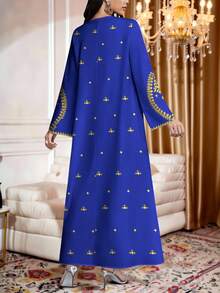 SHEIN Najma 女士花卉藤蔓图案数码印花V领长袖优雅阿拉伯风格长款连衣裙，春季 - 彩色 - 查看 2