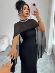 Elenzga 女士春秋新款雪纺披肩领连衣裙，饰以优雅珍珠。 - 黑色 - 查看 3