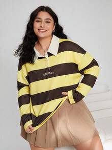 SHEIN EZwear Uniwersalna biała koszula z kołnierzykiem w kontrastowym kolorze, idealna na wyjścia, do noszenia na co dzień, na imprezy, randki, święta i do noszenia w domu; Koszulka z długim rękawem w paski i nadruk w dużym rozmiarze w kolorze beżowo-żółtym, w dużych rozmiarach - Wielokolorowe - Zobacz 5