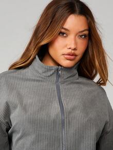 MISSGUIDED 灰色罗纹灯芯绒全拉链立领长袖卫衣，适合秋冬季休闲穿着。 - 藏蓝色 - 查看 4