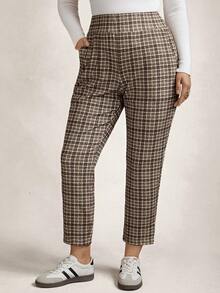 Zelara 大码女式休闲/办公通勤复古格纹高腰侧袋修身裤，格纹休闲女裤，冬季女裤，棕色格纹裤，春季女裤，春假女裤 - 彩色 - 查看 4