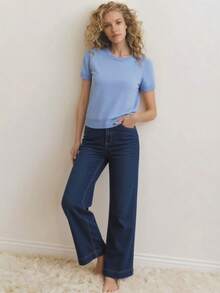 MOTF PREMIUM 美妆推荐 春夏秋季新款蓝色圆领短袖女士针织T恤 宽松简约休闲通勤风罗纹薄款套头毛衣 新年必备 - 查看 3