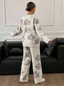 DAZY 女士秋冬两件套宽松长袖长裤针织睡衣套装，印花图案。 - 棕色 - 查看 2