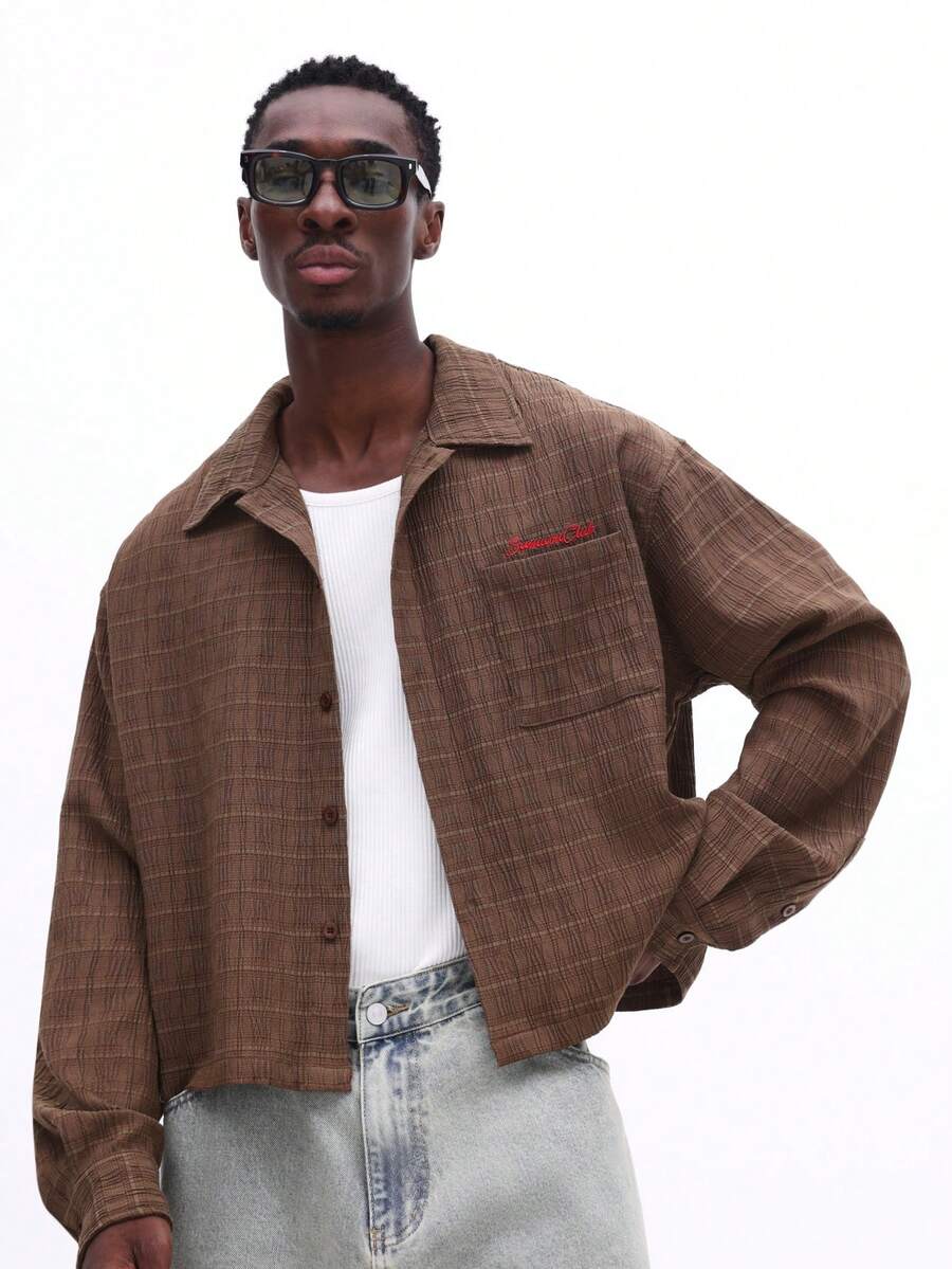 SUMWON Mens Long Sleeve Button Down Shirt Boxy Fit Textured Brown Grid Pattern Casual Collared Top Fall Winter Wardrobe Essential - Coffee Brown - View 1