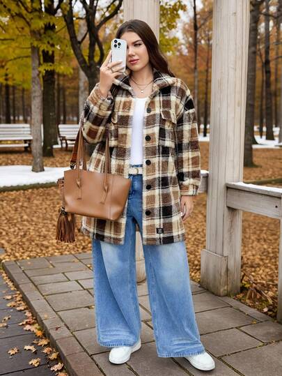 SHEIN LUNE Chaqueta de mujer de talla grande de manga larga con botones delanteros, estilo casual y holgado a cuadros