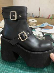 Sugerpunk Botas de tobillo elásticas con cremallera gruesa en la parte posterior, de estilo punk y a la moda - Negro - Ver 8