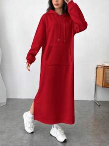 SHEIN EZwear 女士宽松红色纯色套头卫衣连衣裙，落肩长袖开衩下摆，休闲风格，红色女式卫衣连衣裙，女士连帽连衣裙，两件套休闲套装，女士宽松卫衣，女士红色连帽连衣裙 - 紅色 - 查看 3