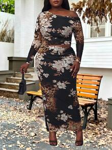 Hourglow Dollyholly86 Elegantes Pendler-Set in Große Größen mit floralem Muster, asymmetrischem Kragen, Crop-Top und Maxirock, für Herbst/Winter, für Sanduhrfigur - Schwarz - Übersicht 3