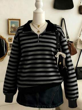 Sweetra Young Sweat-shirt-shirt décontracté ample à manches longues, col zippé et épaules tombantes, rayé, pour adolescentes