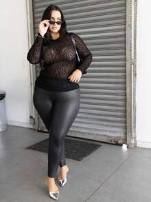 Truni Itsmisslys Plus Size Sexy Leopard Print See-Through Fitted Women Top, Spring & Summer, For Pear Triangle Body Shape - Black - View 3