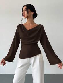 SHEIN PETITE CURVE Plus Size Women's Solid Color Draped Collar Flare Sleeve Pleated Fitted Blouse, Spring/Autumn,Spring Top,Valentine Outfits For Women,Weddings & Events,Elegant Women's Blouses,Casual Outfit For Women, - Brown - View 5